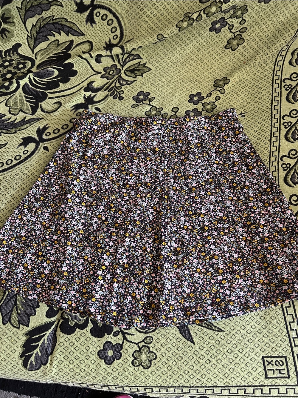 LOFT Black Floral Circle Skirt with Pink and Yellow Accents